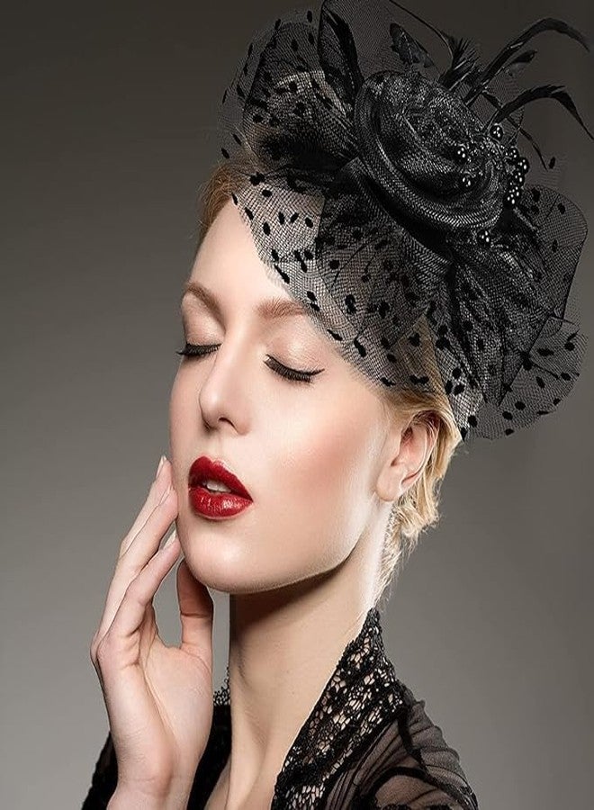 DMDENT Fascinator Hats for Women, Flower Feathers Headband Hat with Mesh Veil, Cocktail Tea Party Headwear, Vintage Ladies Hair Clip Fascinators for Party Wedding Halloween (Black) - Image 4